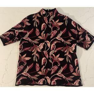 Chico's Floral Jacquard Mock Neck Sweater Short Sleeve Sz 2 L Pink Black